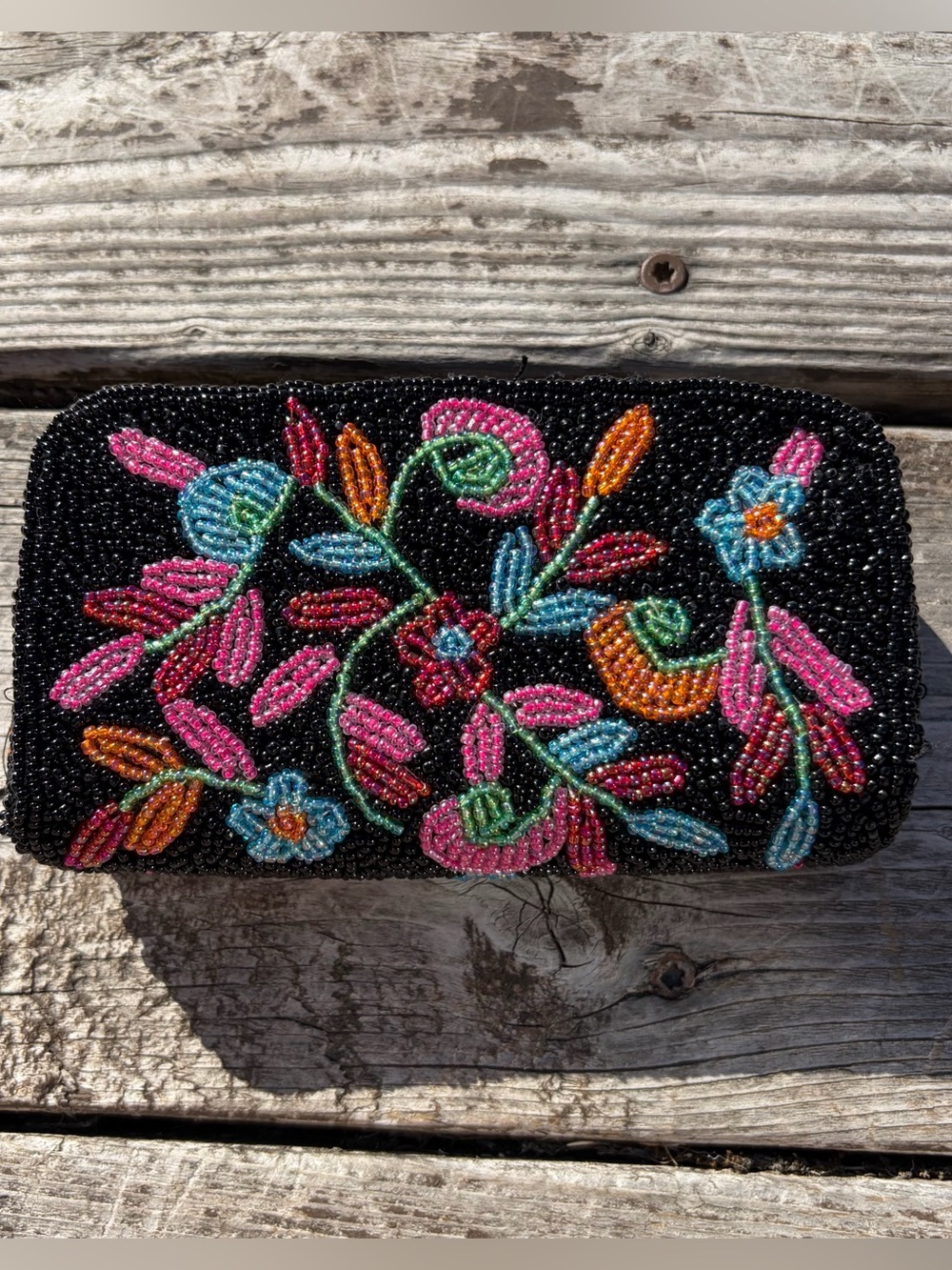 Hand-Beaded Floral Evening Clutch - Black with Pink, Blue & Orange Accents